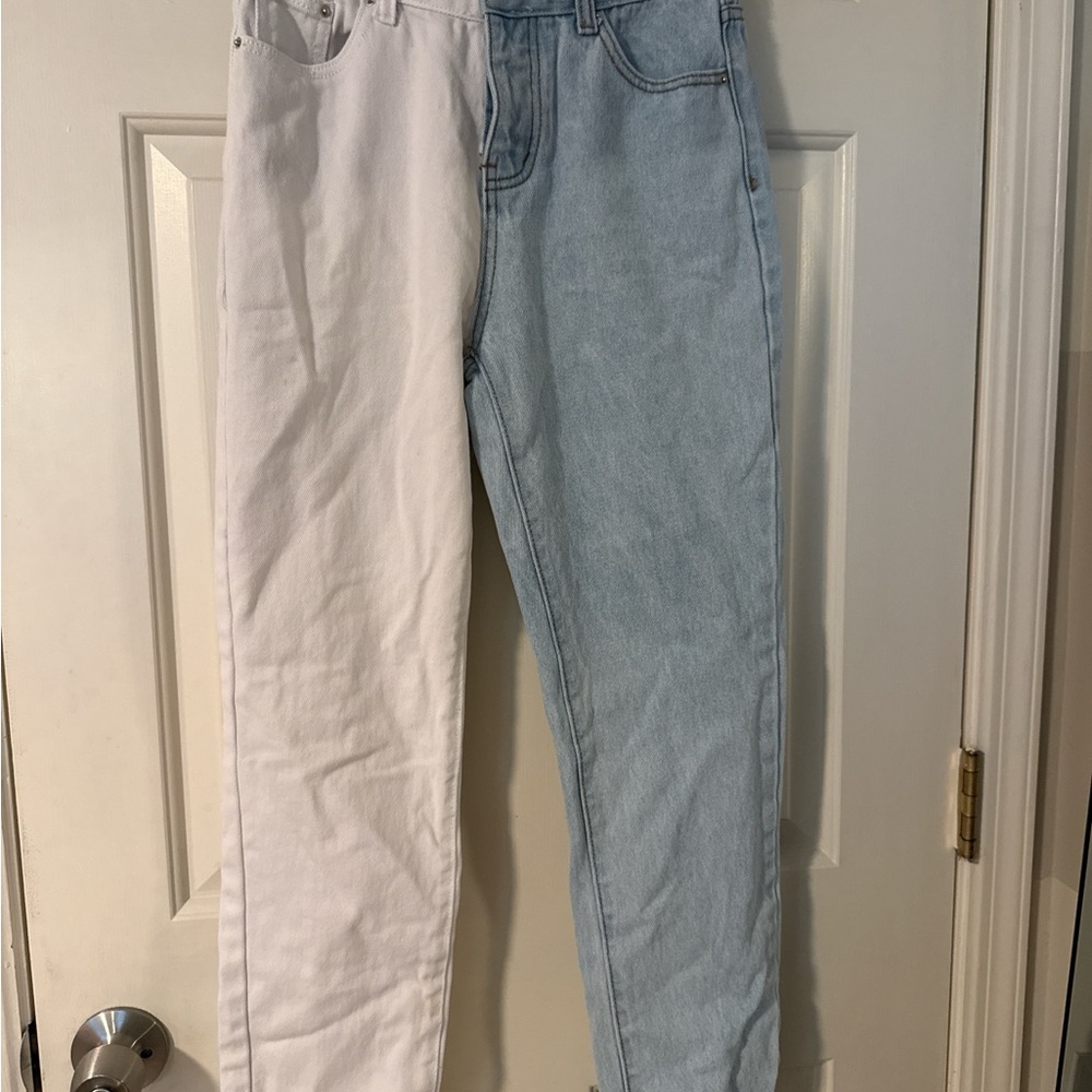 Adika Two-Tone Straight Leg Jeans - White and Light Blue